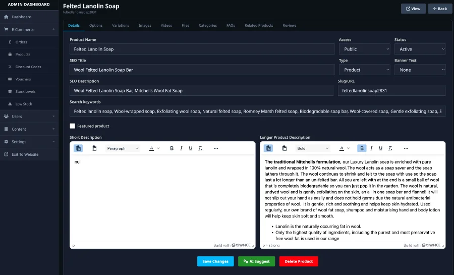 Editing a product in an e-commerce admin